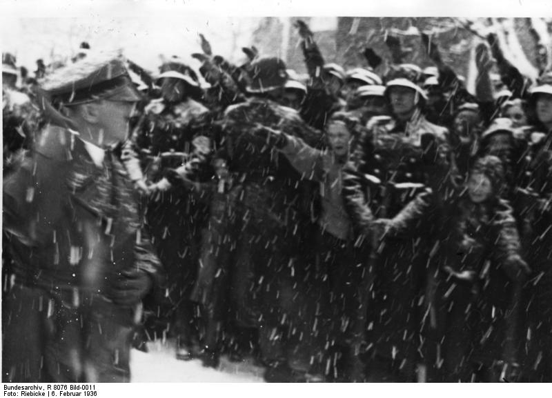 German civilians greeting Chancellor Hitler at the opening ceremony of the IV Winter Olympic Games, Garmisch-Partenkirchen